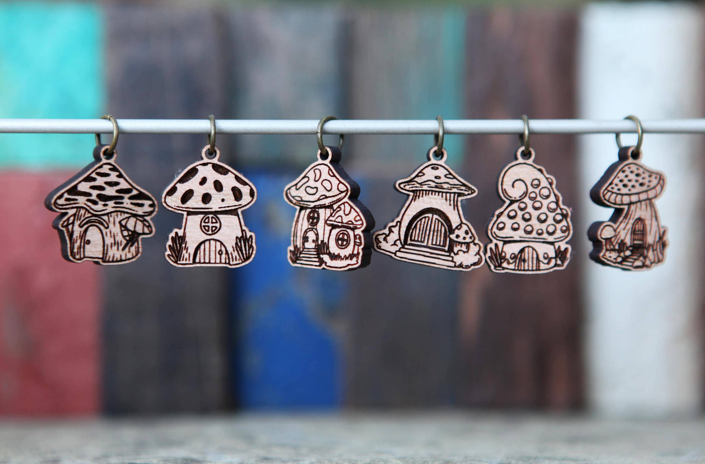 Cherry Wood Mushroom Houses Stitch Markers Set of 6