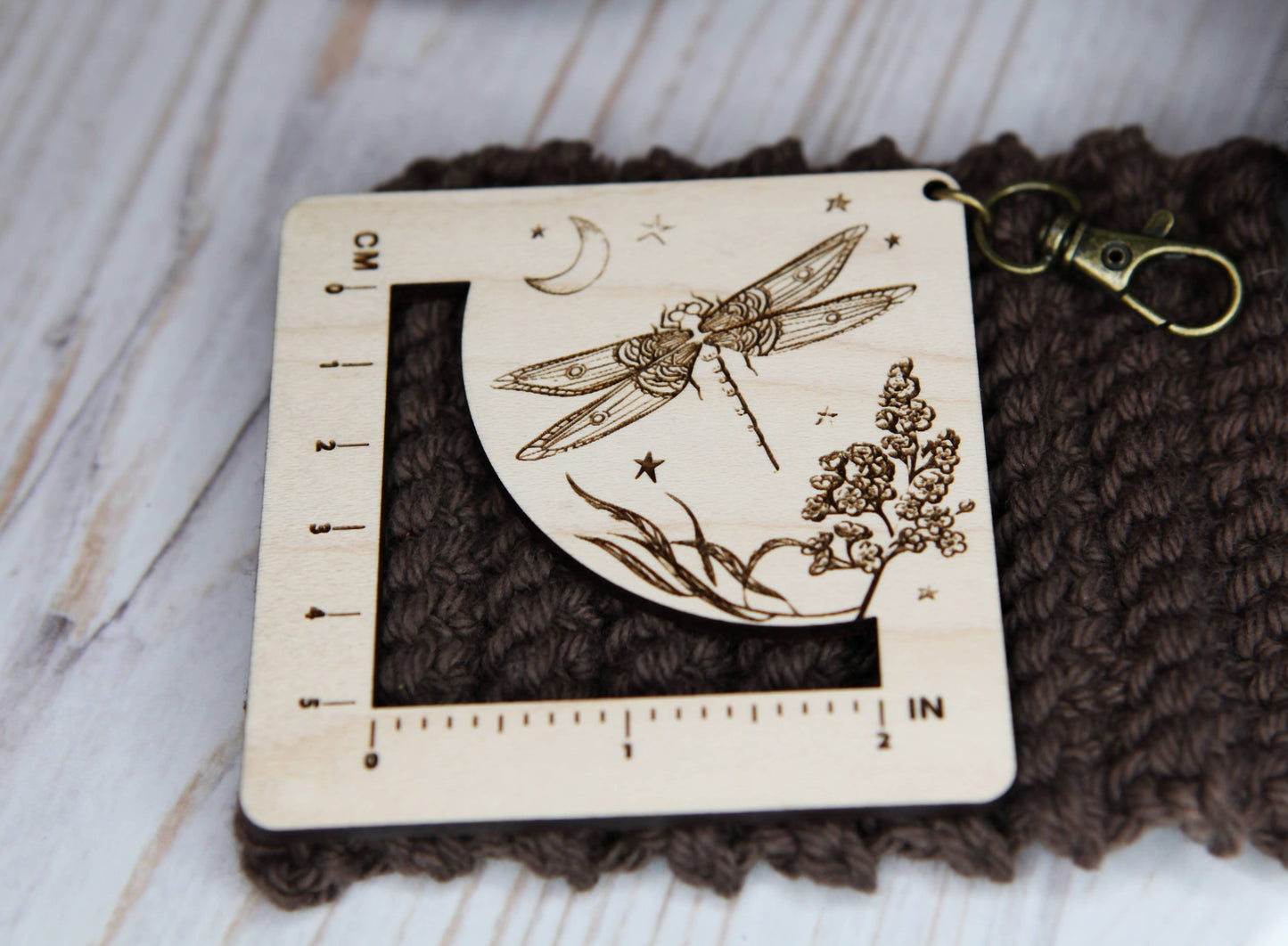 Dragonfly Moon Gauge Ruler in Maple & Bronze for Fiber Arts