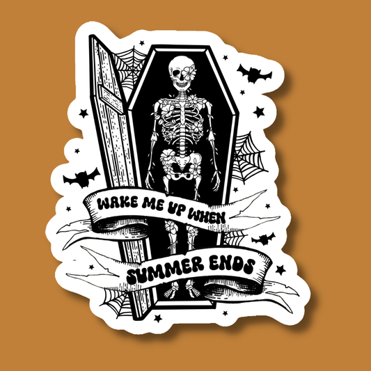 Wake Me Up When Summer Ends Skeleton Coffin HalloweenSticker