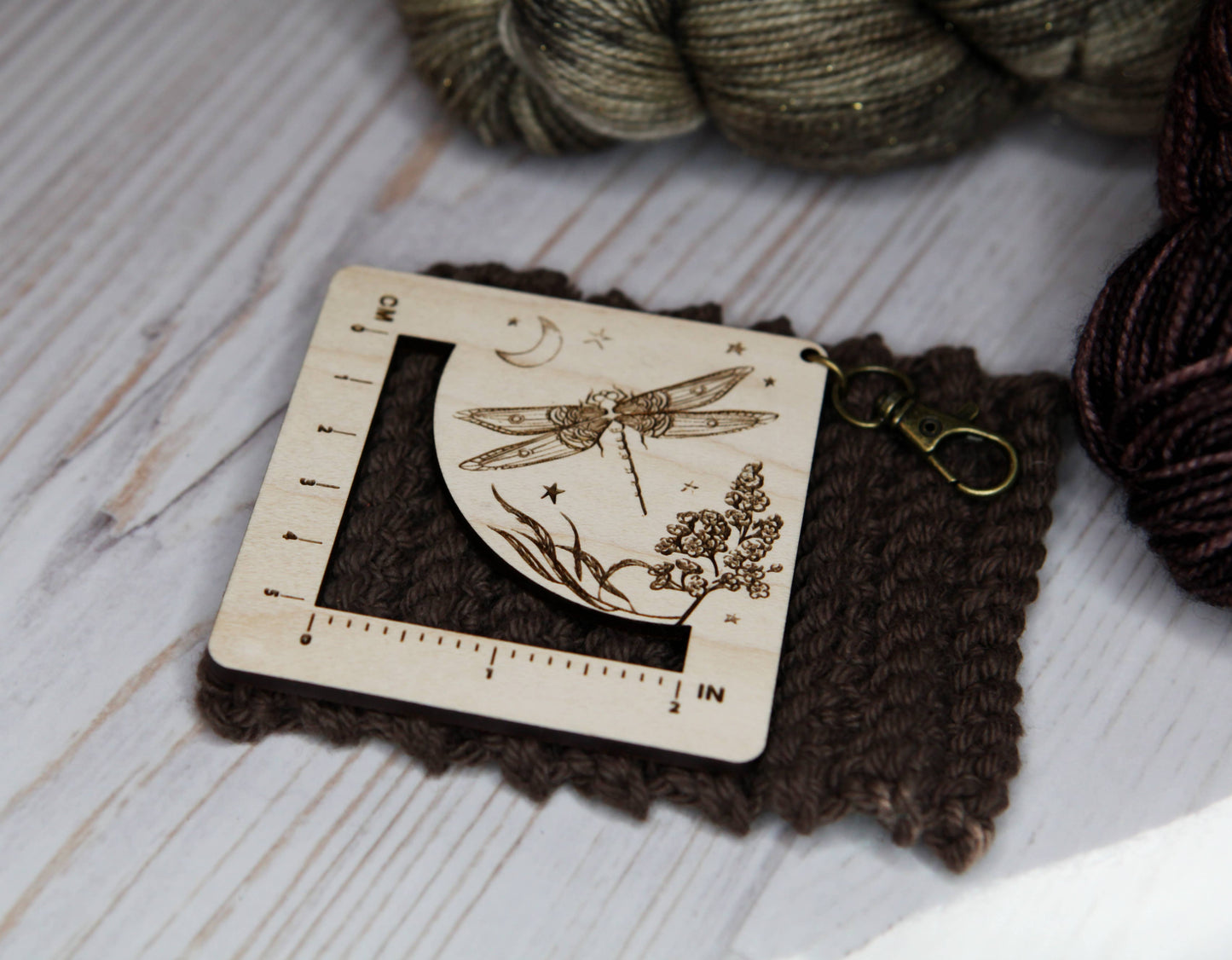 Dragonfly Moon Gauge Ruler in Maple & Bronze for Fiber Arts