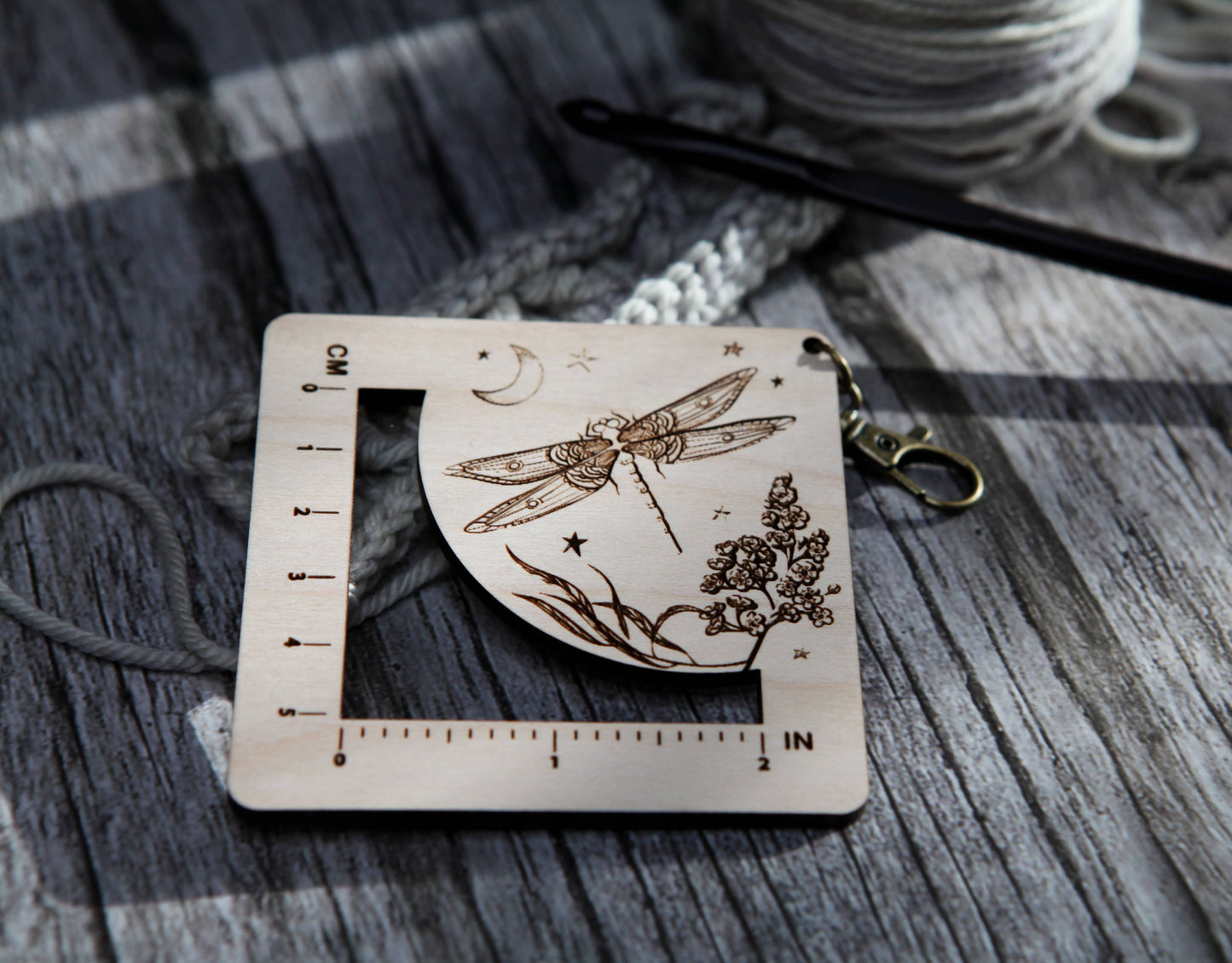 Dragonfly Moon Gauge Ruler in Maple & Bronze for Fiber Arts
