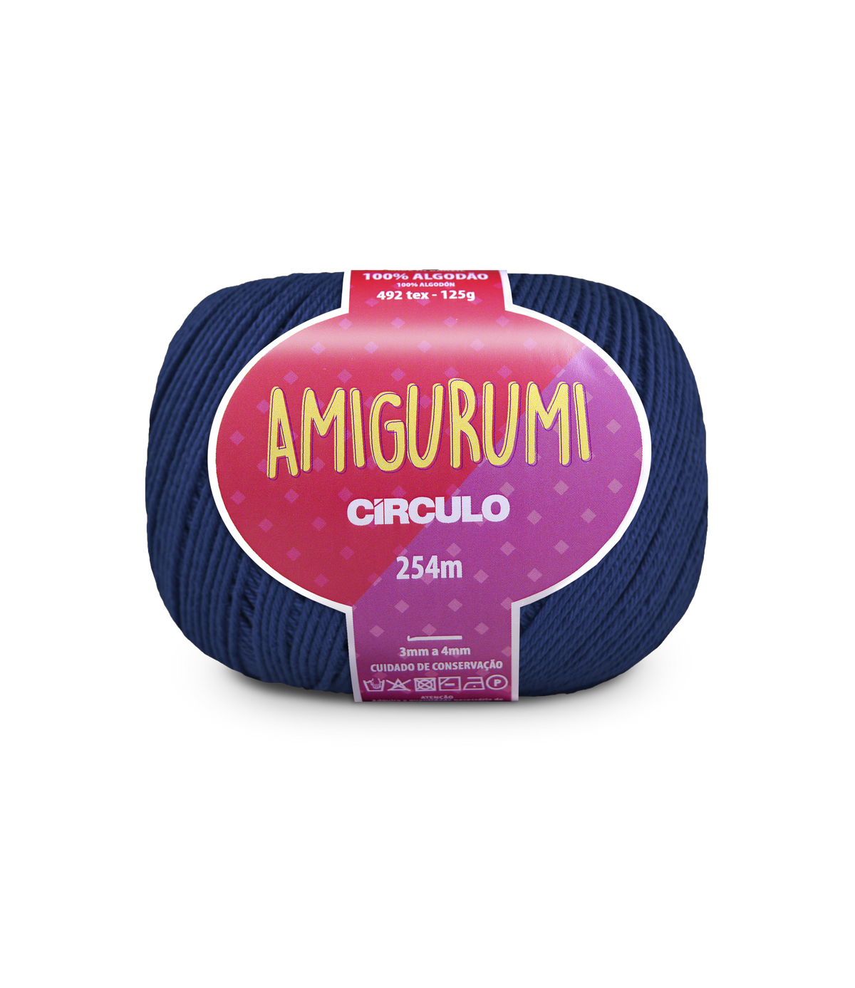 A skein of Amigurumi Circulo yarn in a deep navy blue color, featuring a pink and purple label with yellow text.