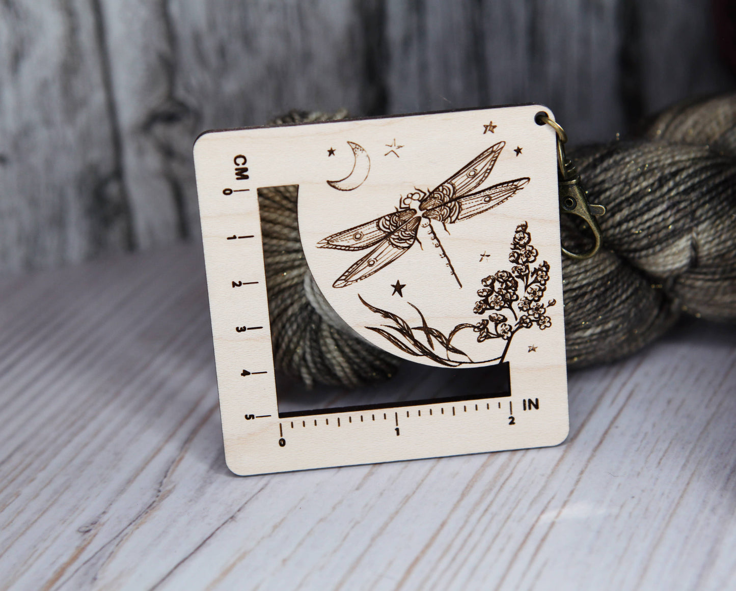 Dragonfly Moon Gauge Ruler in Maple & Bronze for Fiber Arts
