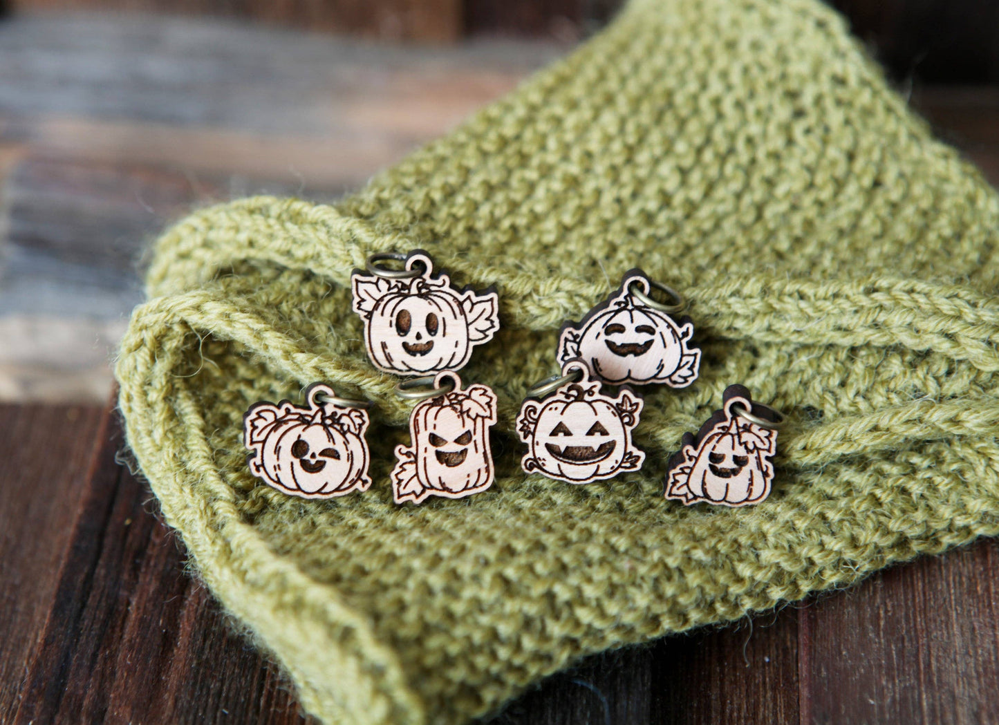 Pumpkin Jack-o'-lantern Cherry Wood Stitch Markers Set of 6