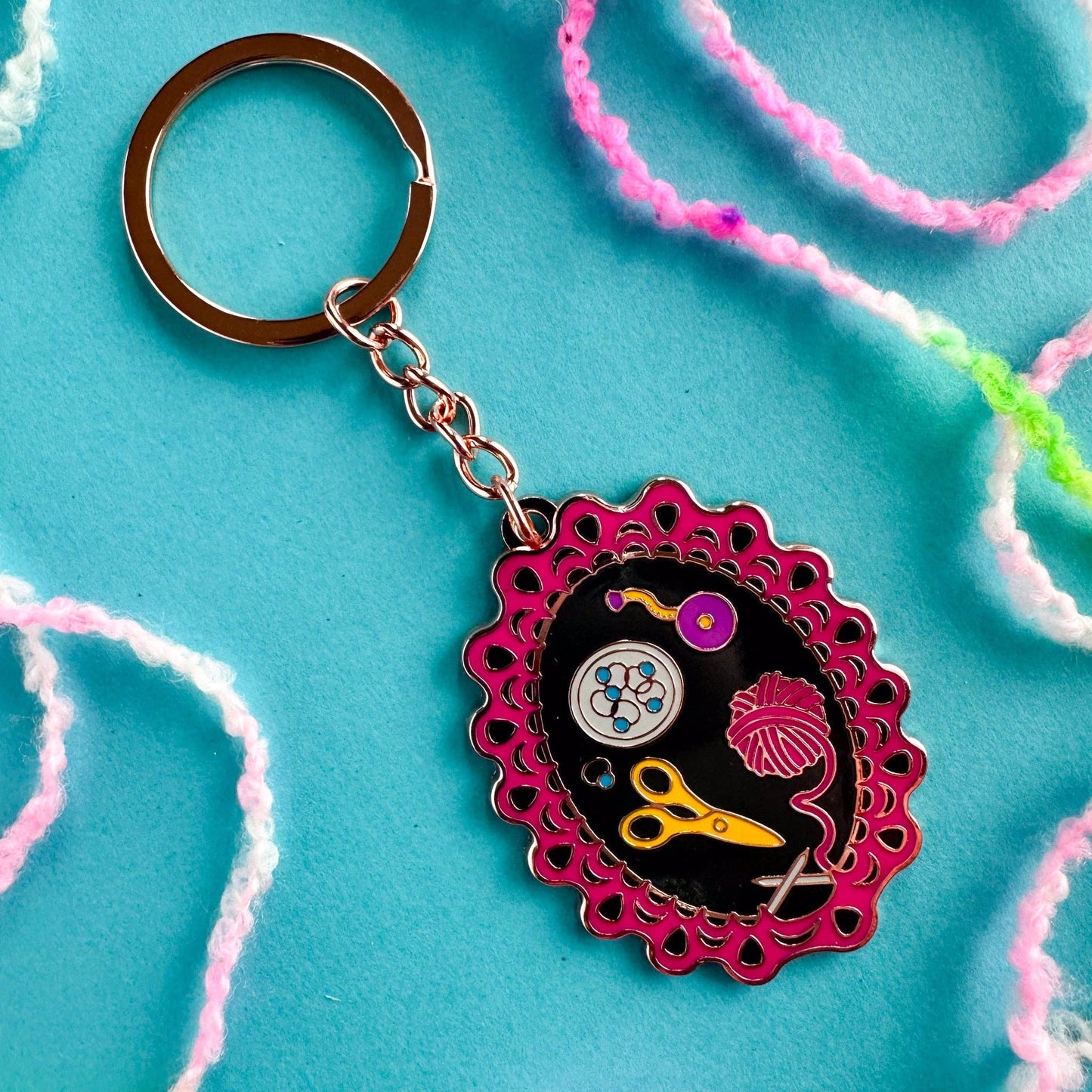 Knitting Session Enamel Keychain