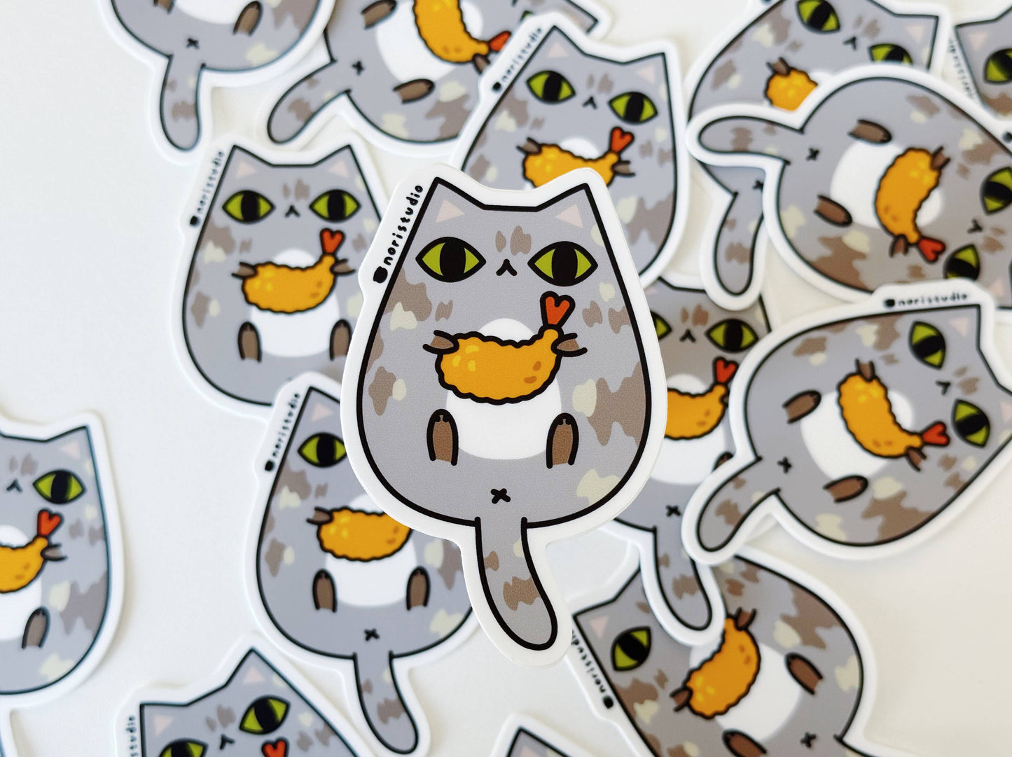 Muted Tortie Cat with Shrimp Tempura Vinyl Sticker