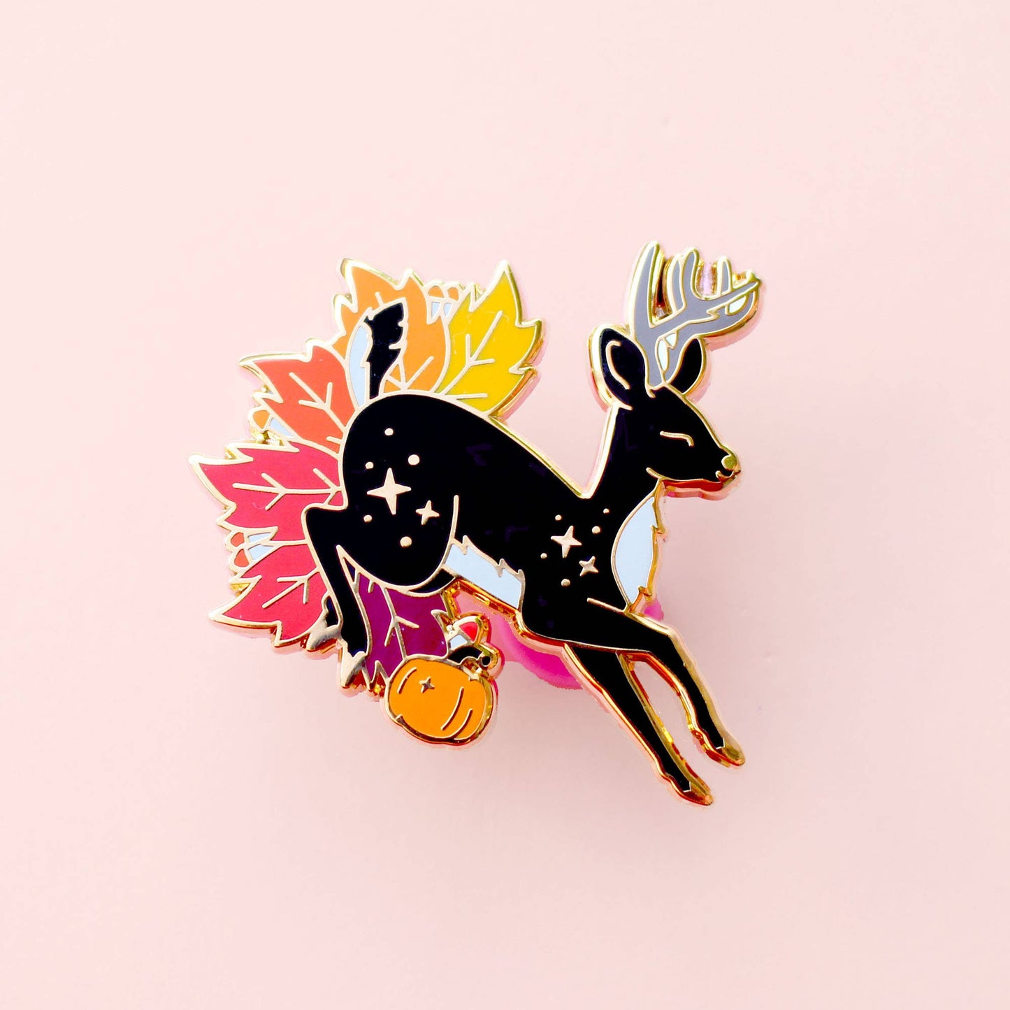 Autumn Fall Deer Enamel Pin; Jumping stag through autumn lea