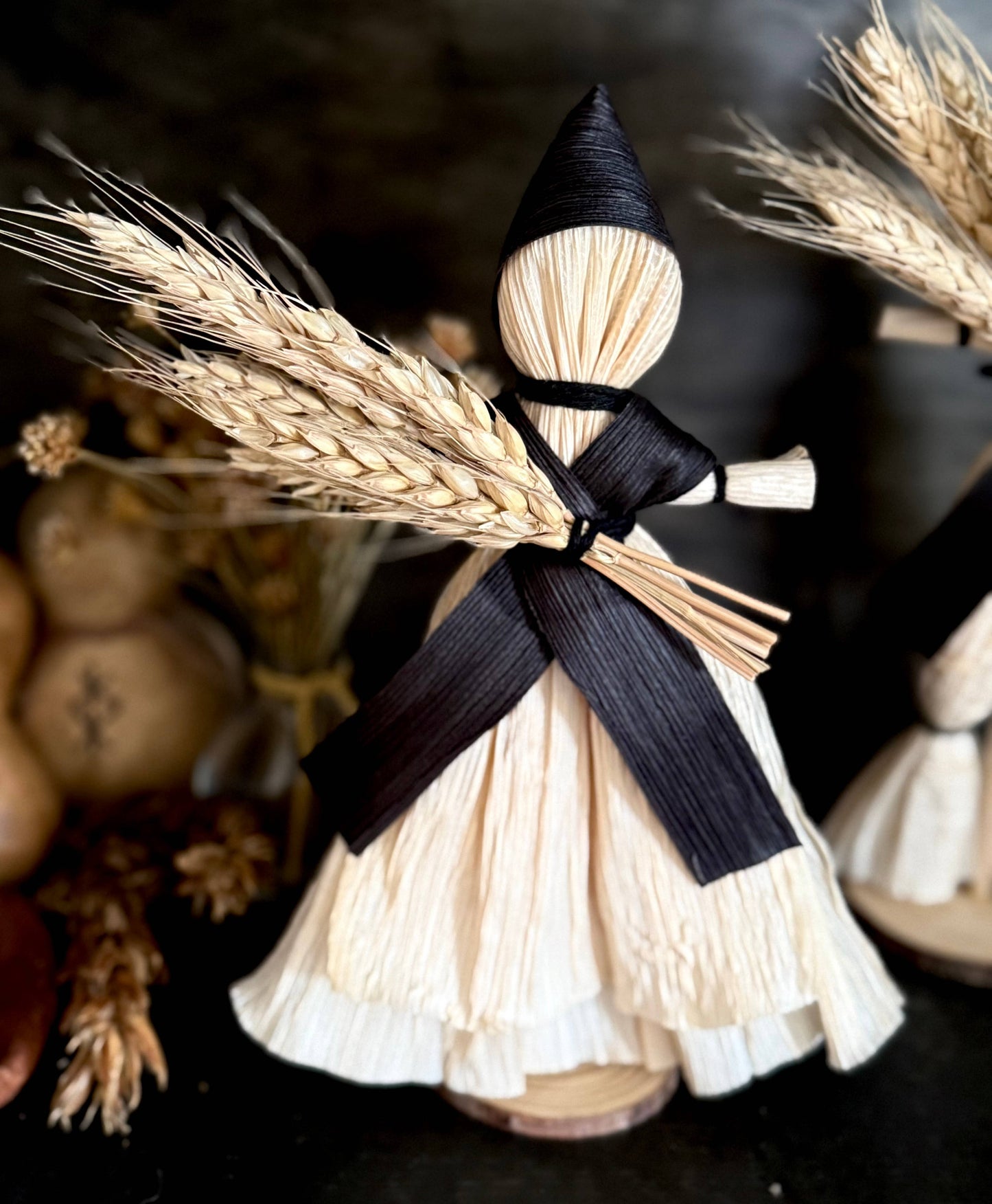 Salem Corn Husk Doll / Folk Poppet w Smock Hood and Wheat