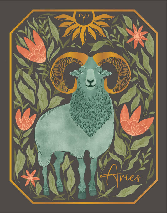 The Aries Zodiac Garden Gold Foil Greeting Card: Single