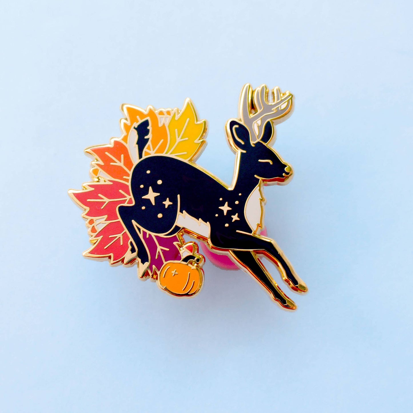 Autumn Fall Deer Enamel Pin; Jumping stag through autumn lea