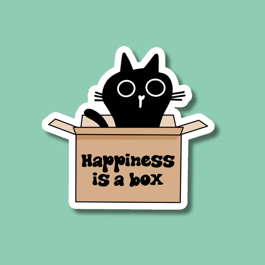 Happiness is a Box Black Cat Sticker