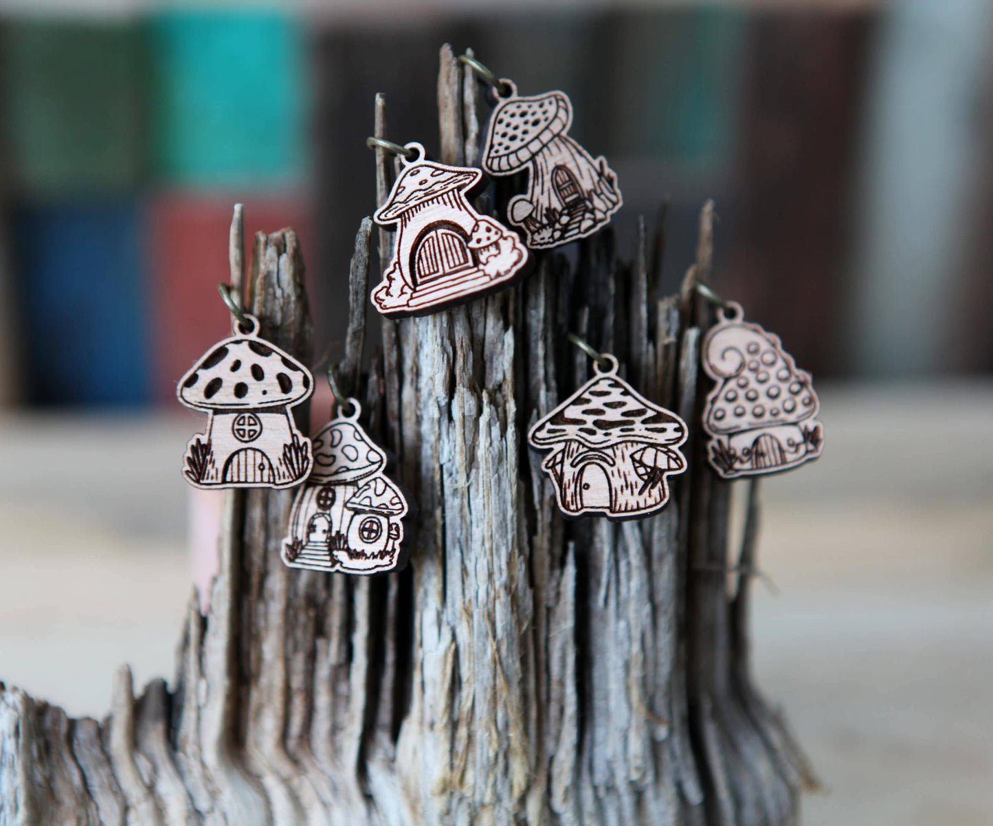 Cherry Wood Mushroom Houses Stitch Markers Set of 6