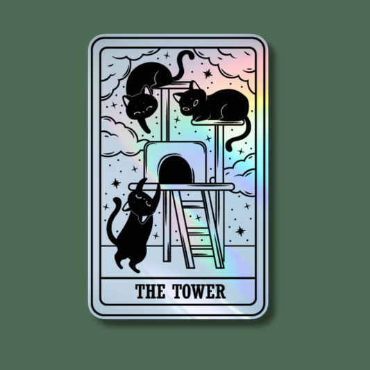 The Tower Black Cat Tarot Card Holographic Sticker