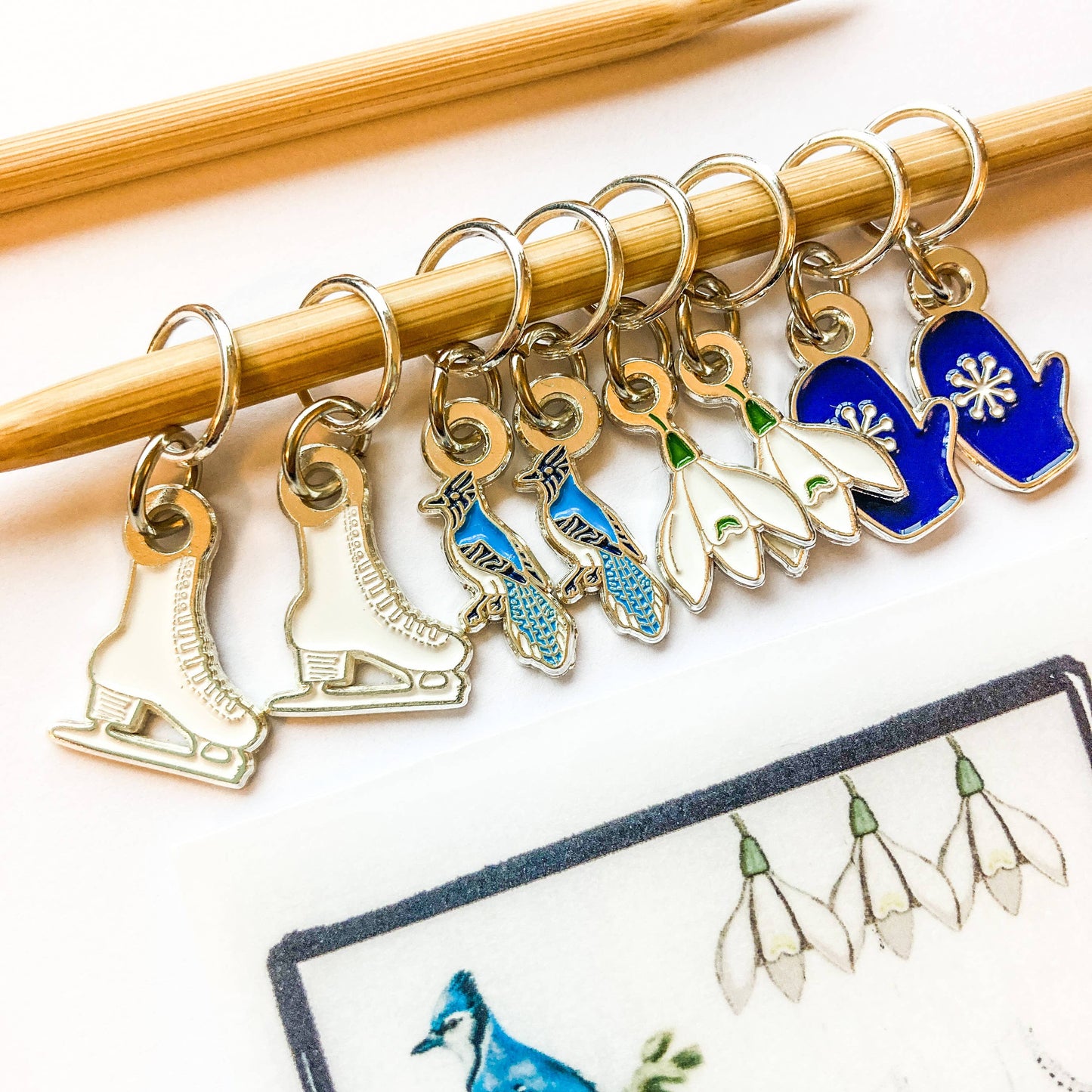 Winter Stitch Marker Pack: Ice skates, mittens, snow drops and blue jays