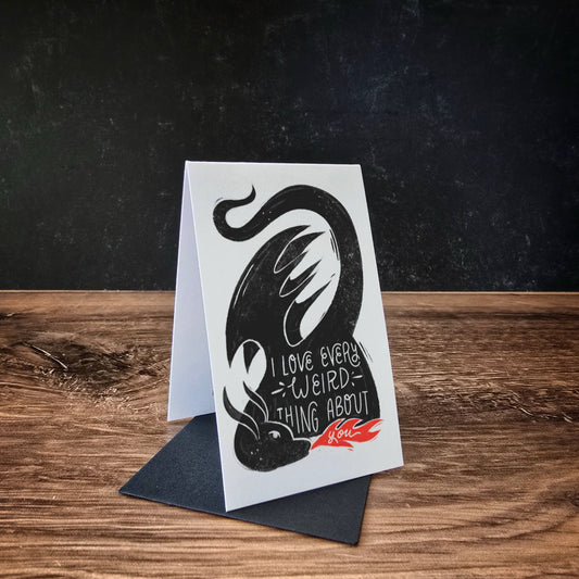 Mini Greeting Card: I Love Every Weird Thing About YouA tiny Merry Witchmas card! Inspired by the lore of Baba Yaga.  Dimensions: 2 x 3.25 inches when folded