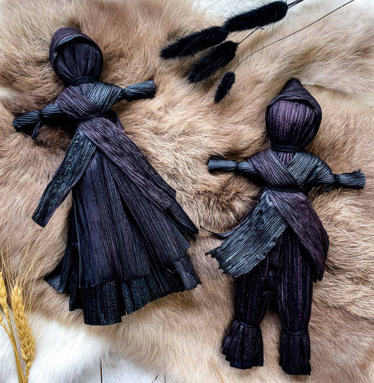 Corn Husk Doll / Folk Poppet with Smock and Hood - Black: Dress
