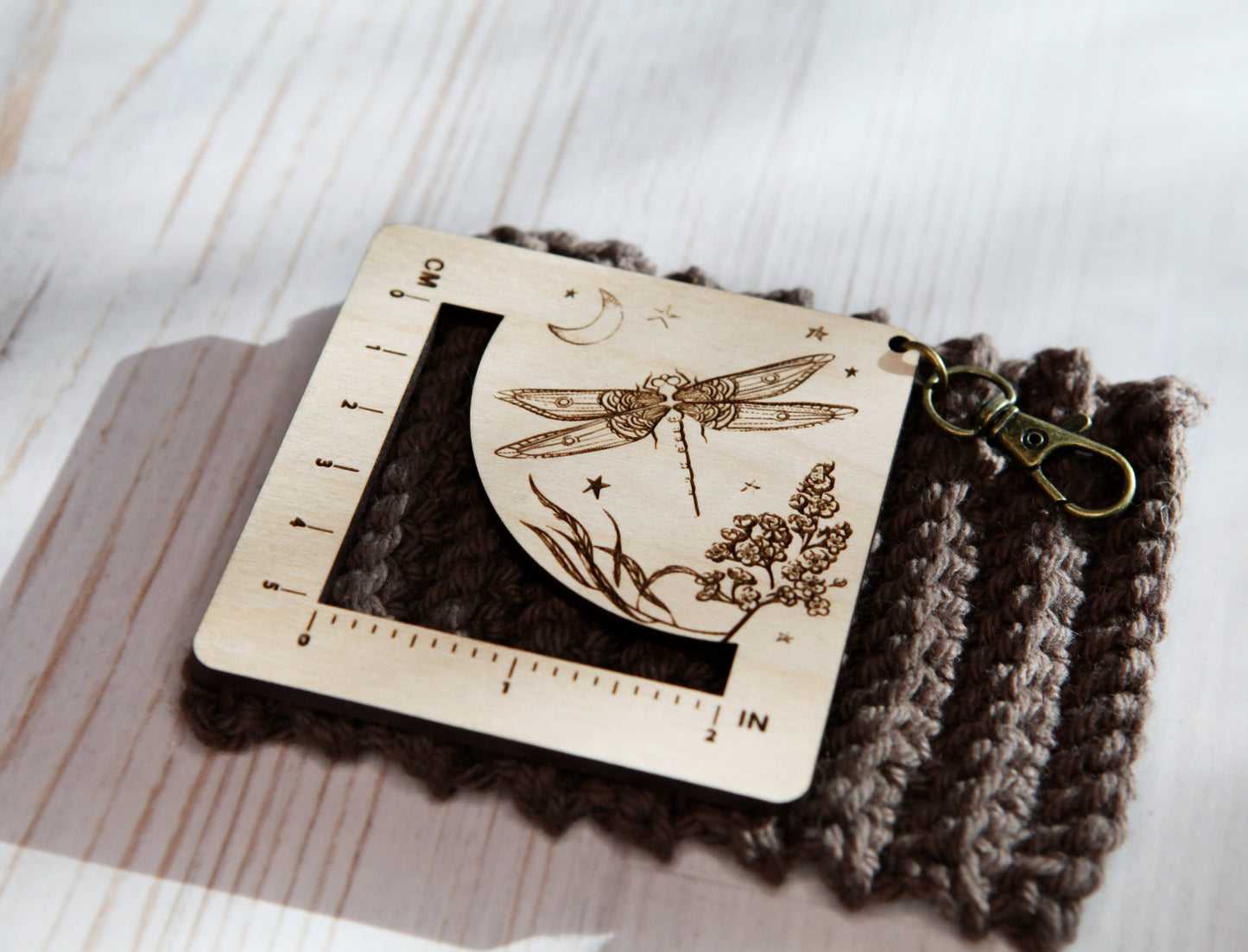 Dragonfly Moon Gauge Ruler in Maple & Bronze for Fiber Arts