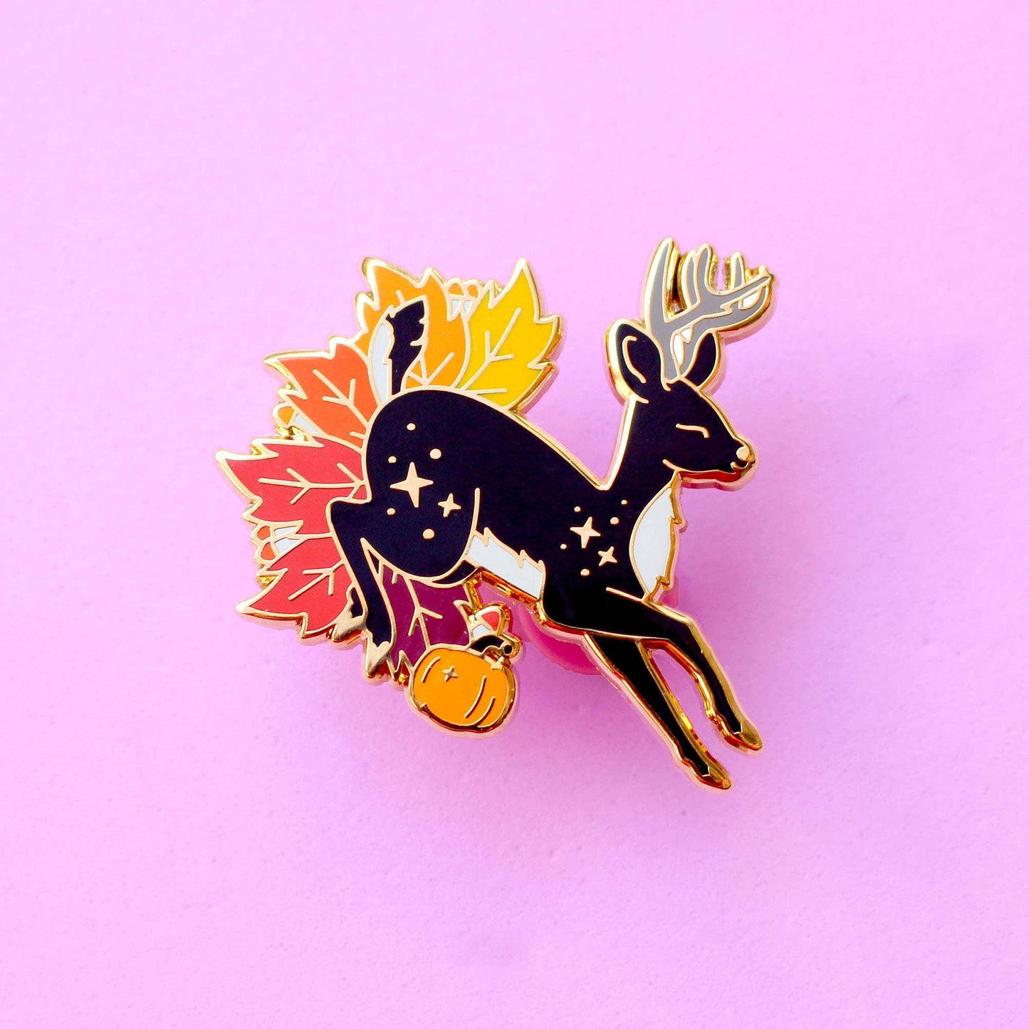 Autumn Fall Deer Enamel Pin; Jumping stag through autumn lea