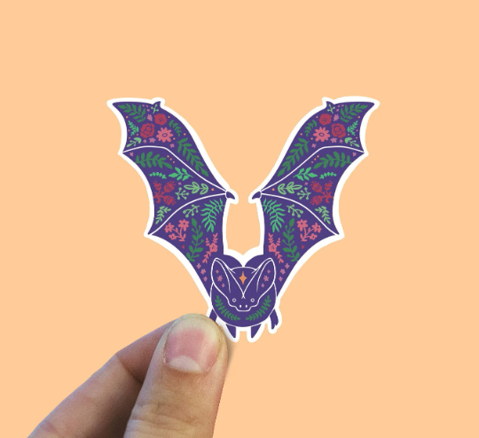 Floral Bat Vinyl Sticker: Die Cut Unpackaged