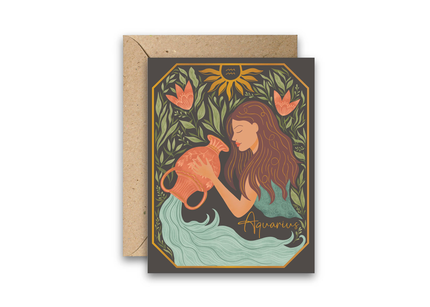 The Aquarius Zodiac Garden Gold Foil Greeting Card: Single