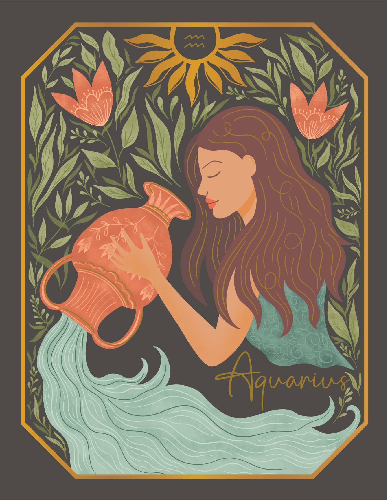 The Aquarius Zodiac Garden Gold Foil Greeting Card: Single