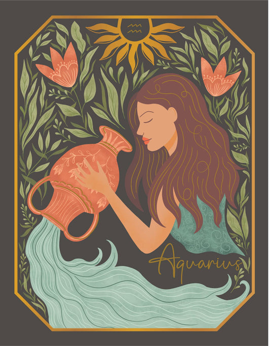 The Aquarius Zodiac Garden Gold Foil Greeting Card: Single