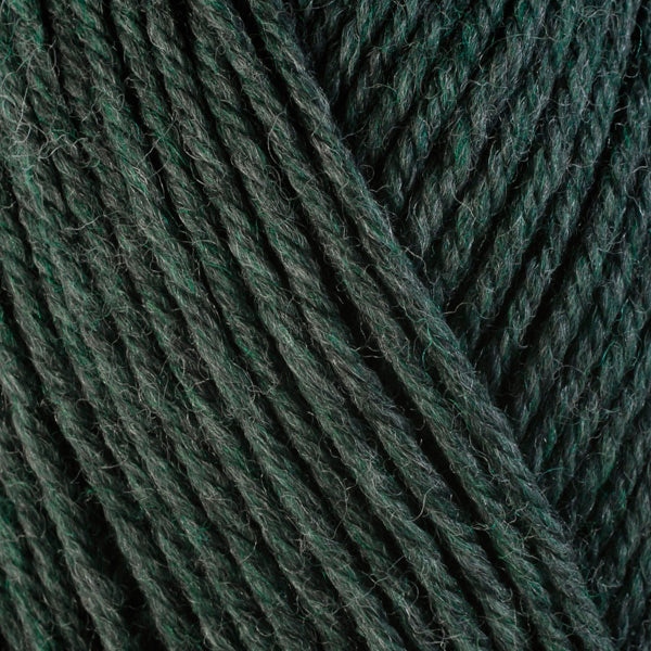 A close-up image of a skein of Berroco Ultra Wool worsted weight yarn in a heathered dark green color.