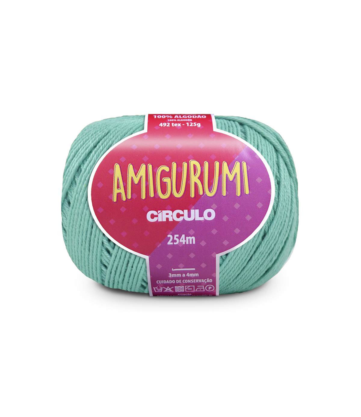 A ball of Amigurumi Circulo yarn in a mint green color, featuring a prominent pink and purple label with yellow text.