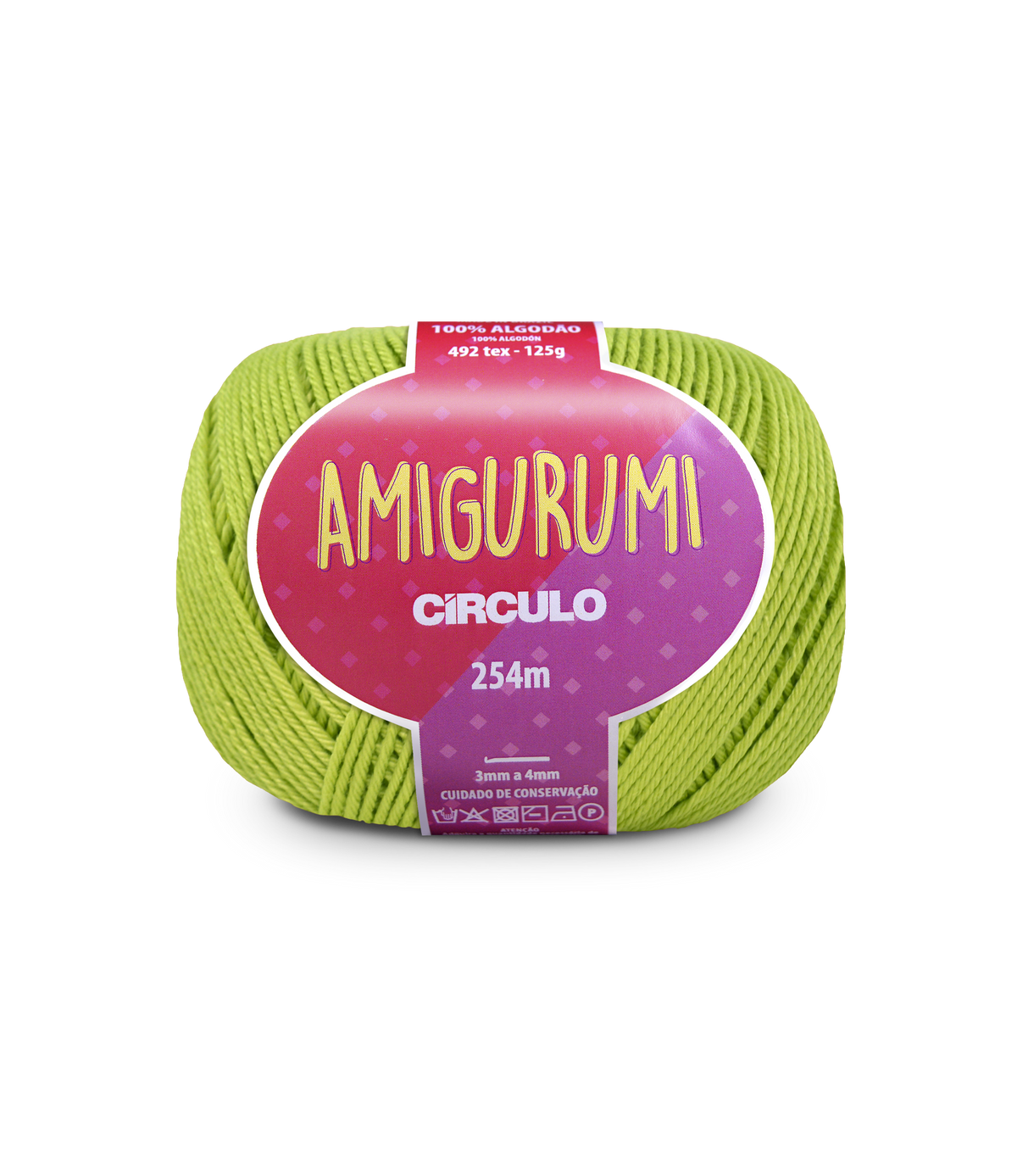 A skein of lime green Amigurumi Circulo yarn with a pink and purple label, shown on a plain white background.