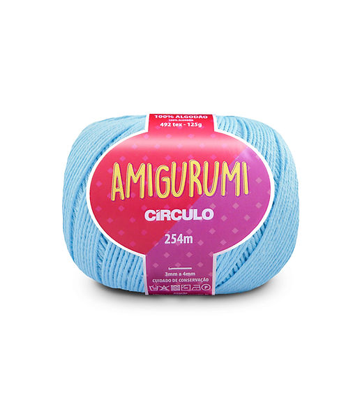 A skein of Circulo brand light blue amigurumi cotton yarn with label showing the brand name and yardage.