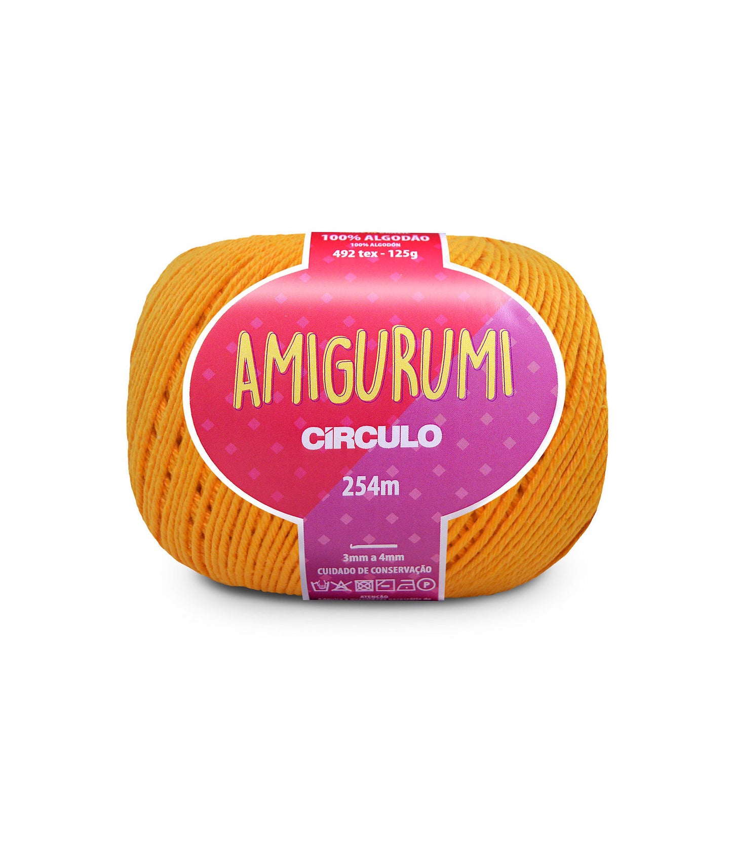 A skein of Circulo brand yellow orange amigurumi cotton yarn with label showing the brand name and yardage.