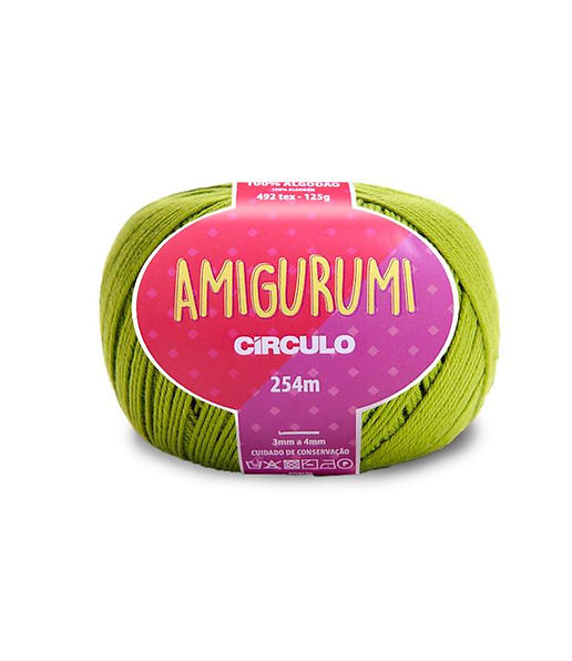 A skein of Circulo brand chartreuse green amigurumi cotton yarn with label showing the brand name and yardage.