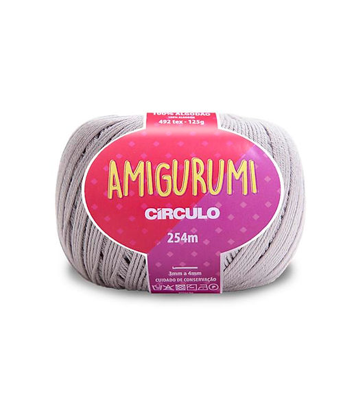 A skein of Circulo brand light gray amigurumi cotton yarn with label showing the brand name and yardage.