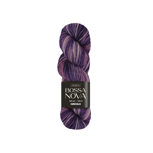 Purple skein of variegated yarn with a 'Bossa Nova' label on a white background
