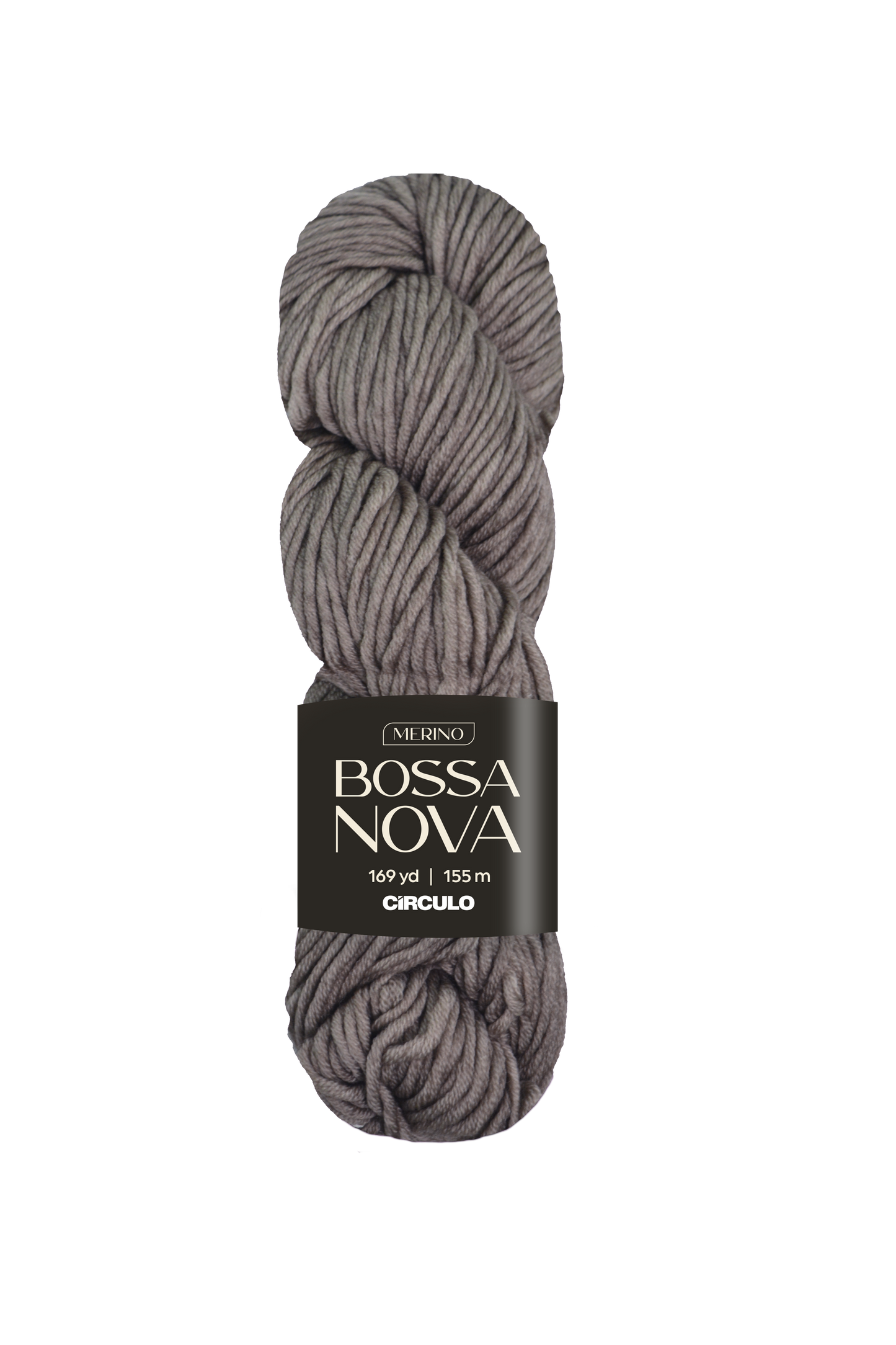Warm gray skein of yarn with 'Bossa Nova' label on a white background