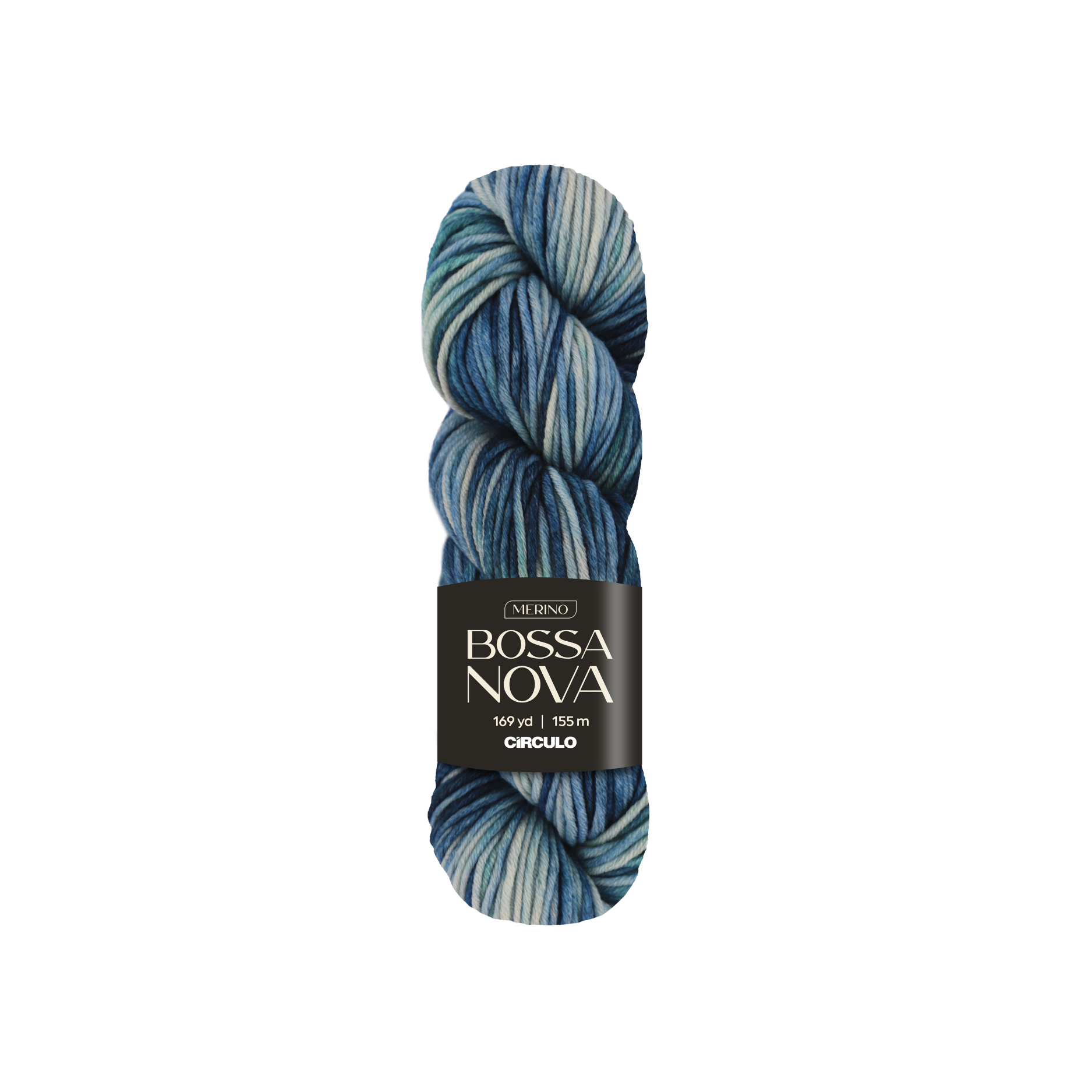 Blue and white striped yarn skein with 'Bossa Nova' label on a white background