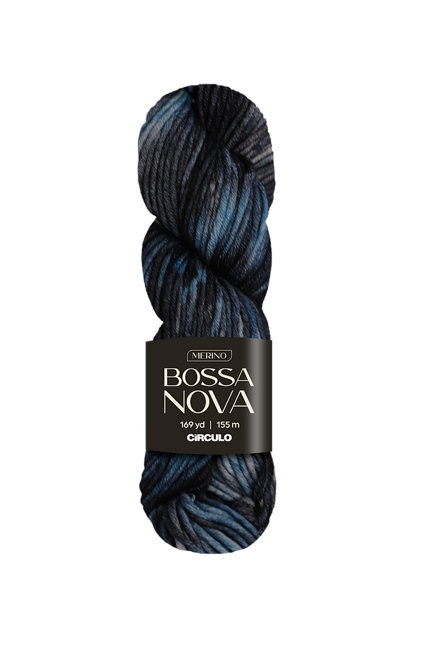 Blue and black yarn skein with 'Bossa Nova' label on a white background