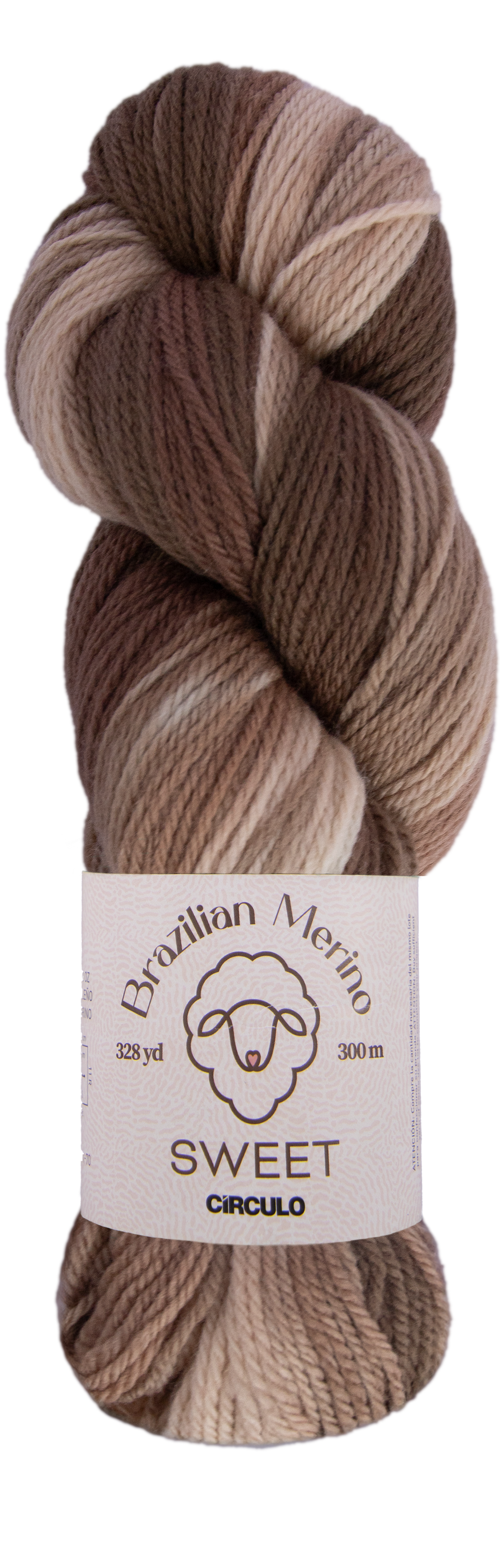 Skein of brown and beige yarn with a label on a white background