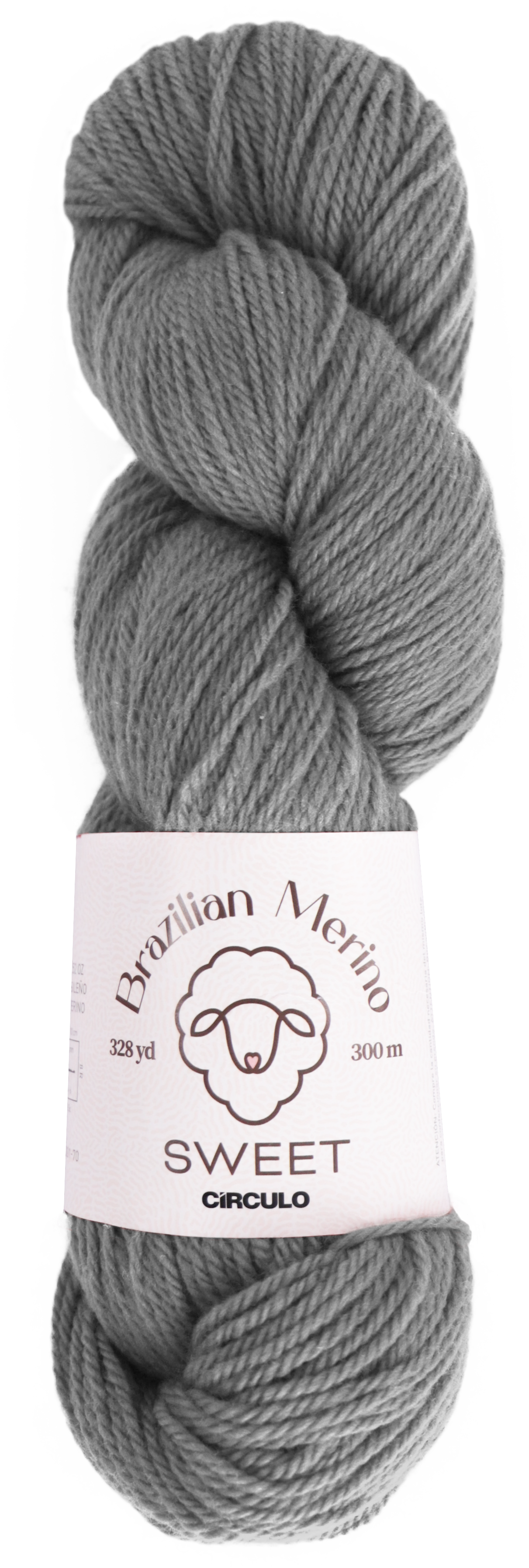 Gray skein of yarn with a label on a white background
