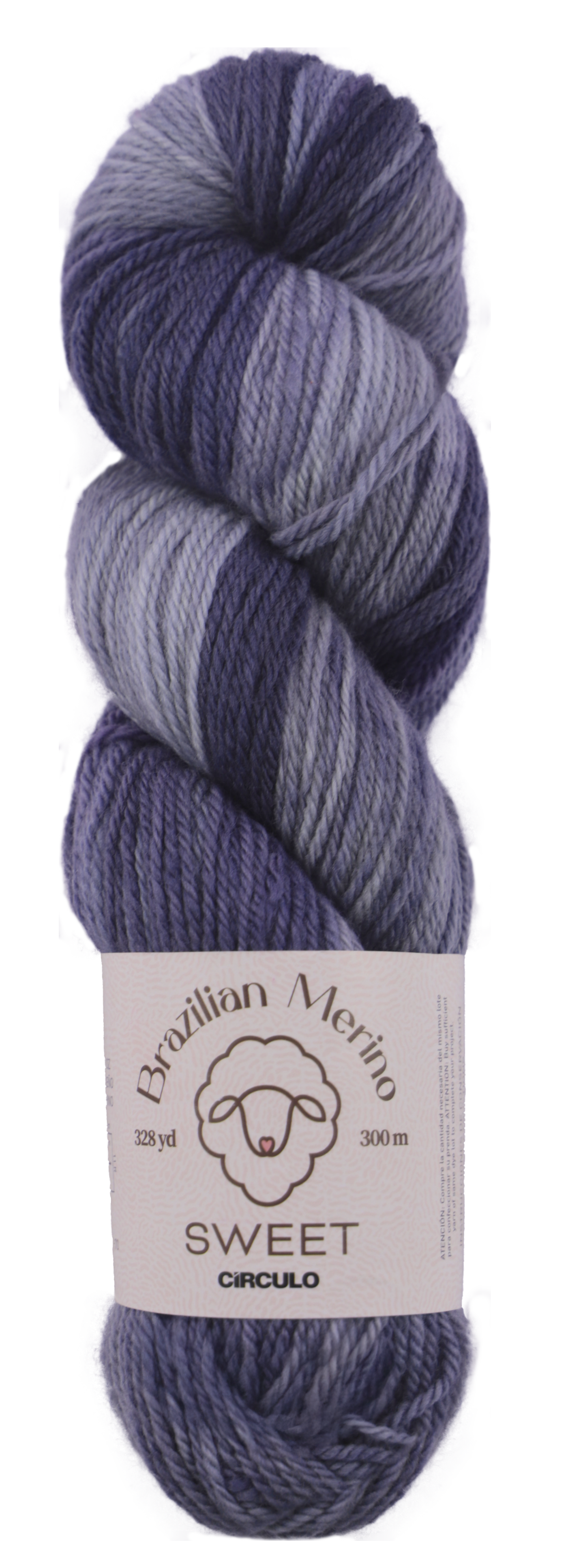 Dark and light gray skein of yarn with a label on a white background