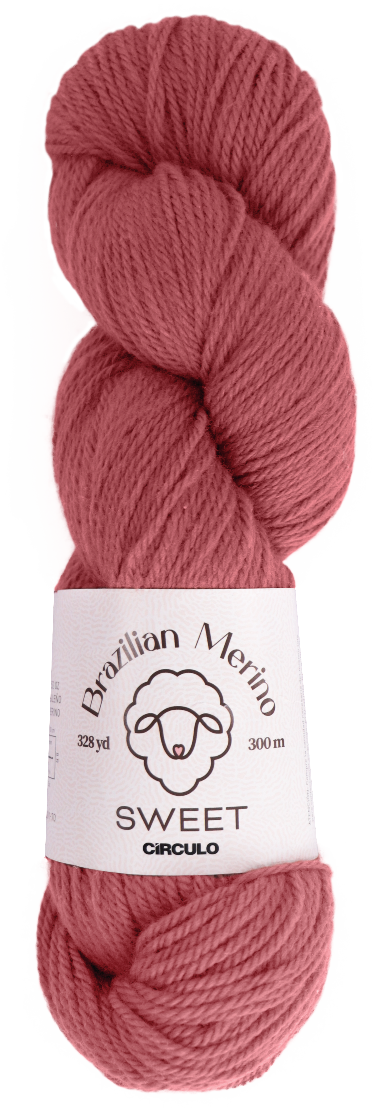 Ball of warm pink yarn with a label on a white background