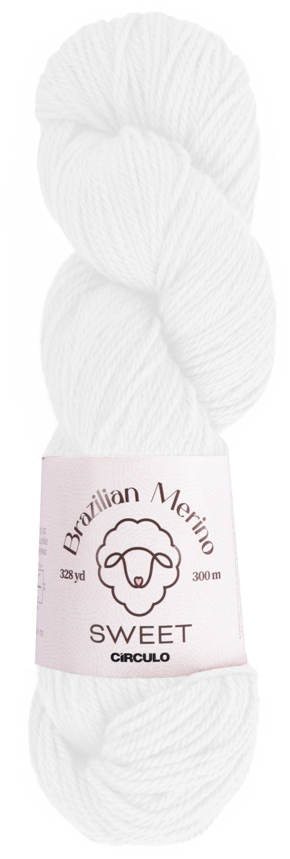White skein of yarn with a label on a white background