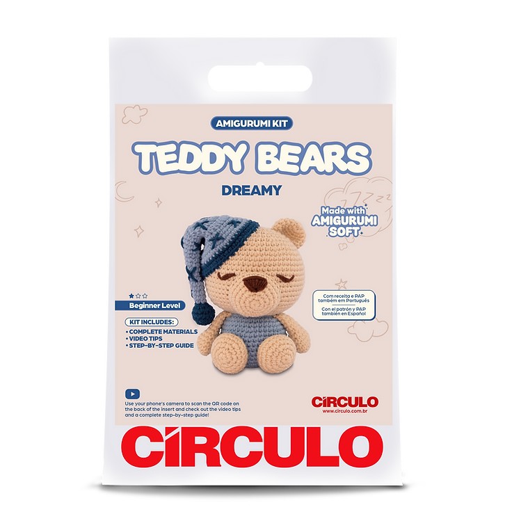 Circulo amigurumi kit packaging with a crocheted teddy bear toy wearing blue pajamas on a beige background.