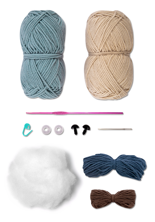 Crochet kit with yarn, hook, and accessories on a white background