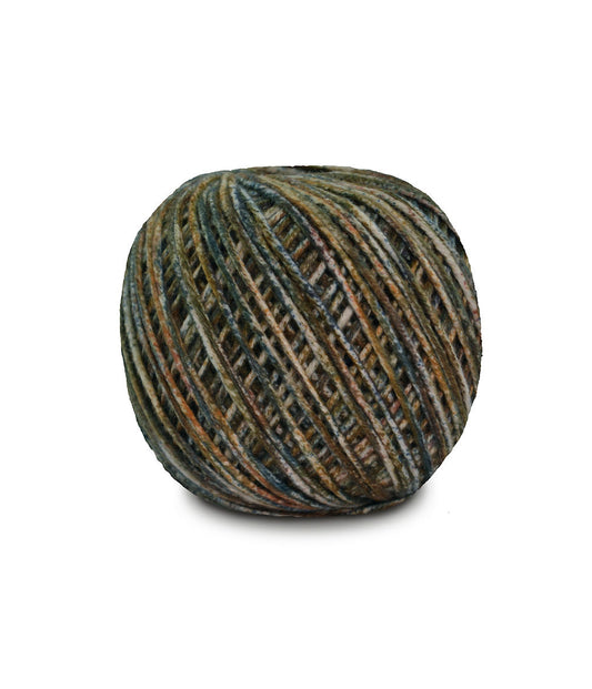 An image of a ball of Circulo Jeans DK weight yarn in orange, olive green, and teal shades against a white background.