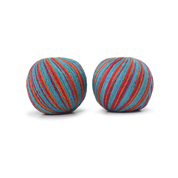 An image of two balls of Circulo Let it Sock sport weight yarn in the colors aqua blue, orange, and magenta against a white background.