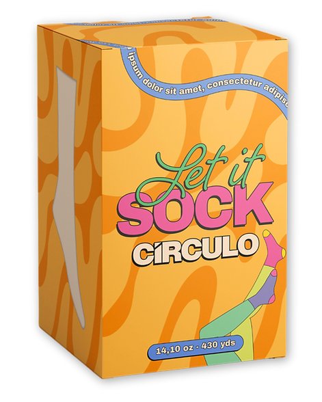 An image of an orange box with a green and pink ‘Let it Sock Circulo’ label against a white background.