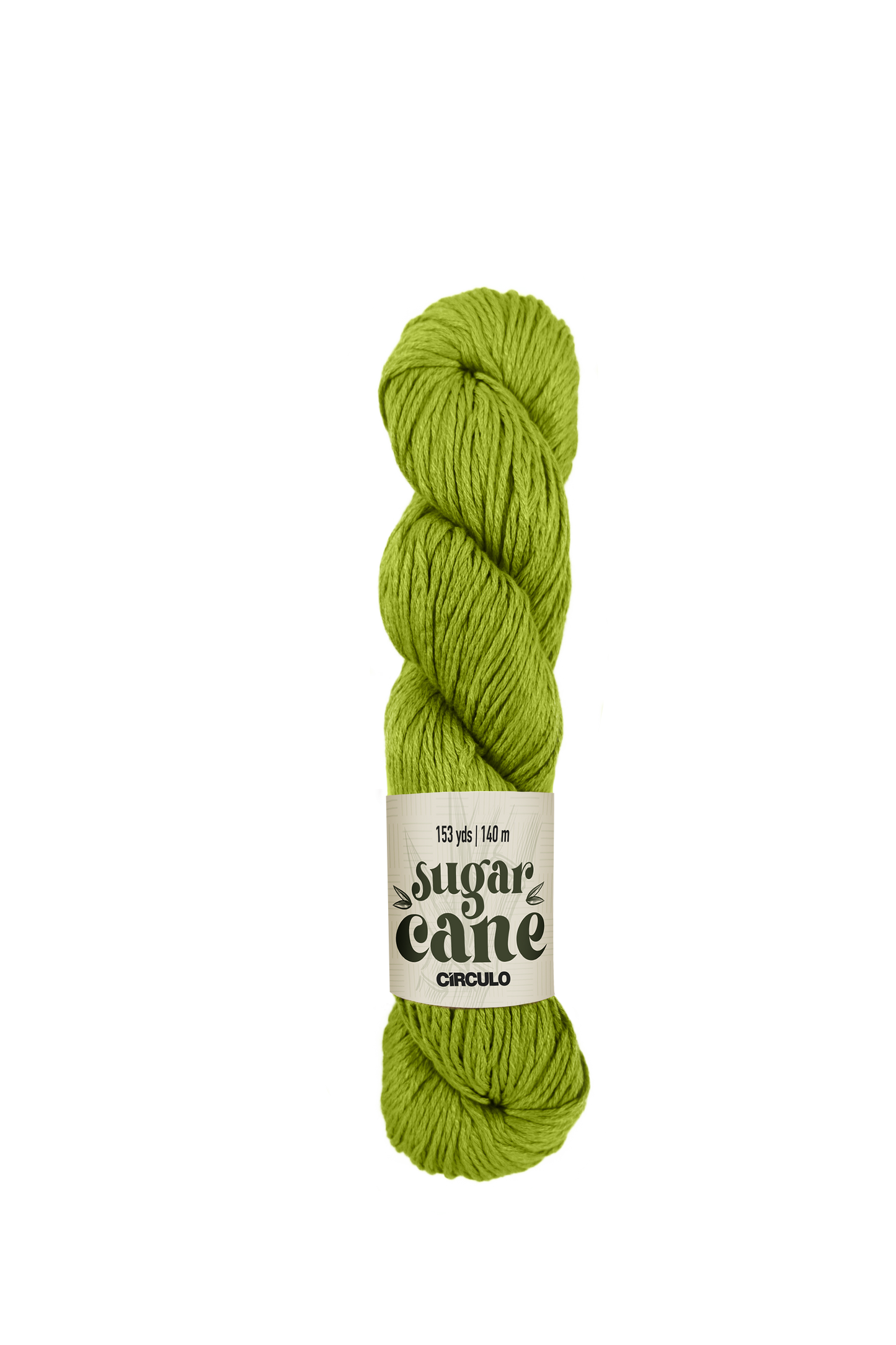 Lime green skein of Circulo Sugar Cane yarn with a 'sugar cane' label on a white background
