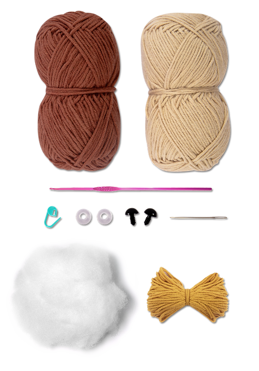 Two skeins of yarn, crochet hook, and other craft items on a white background