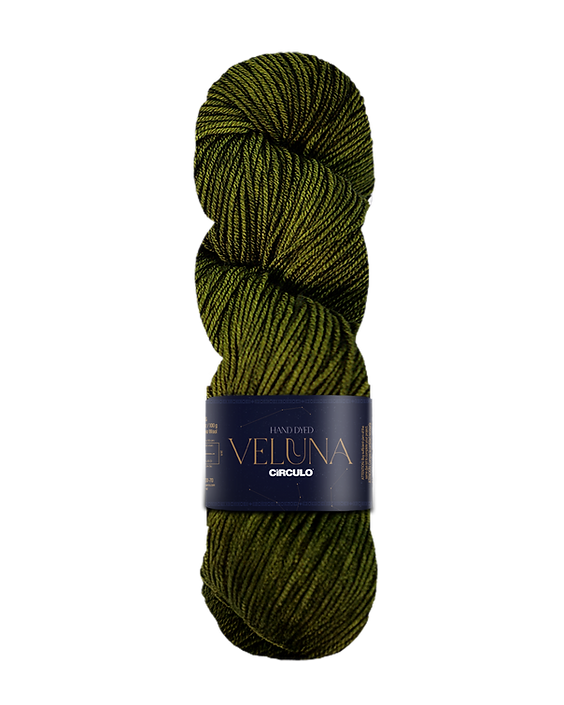 Skein of olive green yarn with a label on a white background